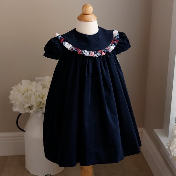 Navy 100% Cotton Corduroy Float Dress Plaid Trim Bailey Boys Boutique NWT - Picture 1 of 4